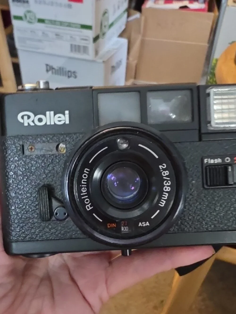 35mm Film Camera in Black with Built-in Flash